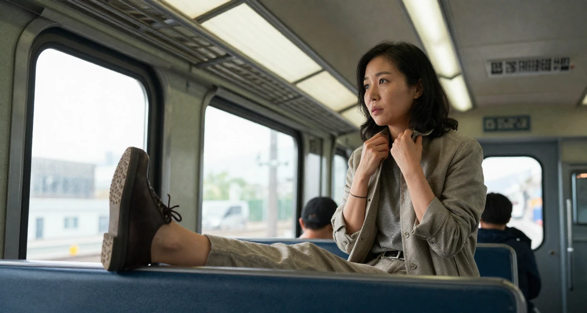 A magnetic Female From South Korea, based in Busan, graduated from a design institute majoring in visual communication in their 49, expert in antique restoration and design, wearing a muted earth-tone clothing set, fixing a collar in a train carriage.
