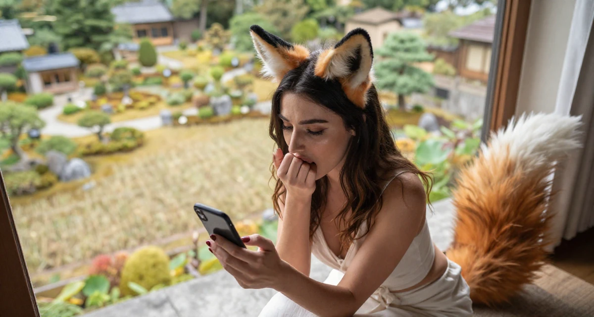 A calm and confident Female From Greece, based in Athens, graduated from a design academy majoring in romantic-themed media in their 20, spending too much time scrolling social media, wearing a fox spirit (kitsune) outfit with fluffy ears and tails, stifling a yawn in a farm field.