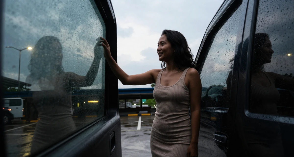 A radiant Female From Chiang Mai Thailand, studied alternative wellness and body flow in their 35, at the peak of creative energy and output, wearing a fitted ribbed dress, checking a reflection in a window in a underground parking garage.