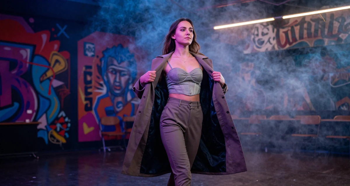 A resilient Female From Russia, trained as a classical ballerina in their 36, pivoting career paths completely, wearing a cropped bustier top and high-waisted slacks, unbuttoning a coat in a lecture hall.