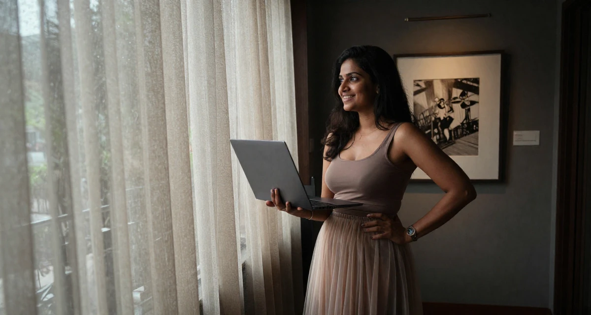 A hopeful Female From Bangalore India, holds a degree in software engineering in their 47, art collector sharing gallery experiences, wearing a sheer maxi skirt with a bodysuit underneath, typing on a laptop in a sunny patio.