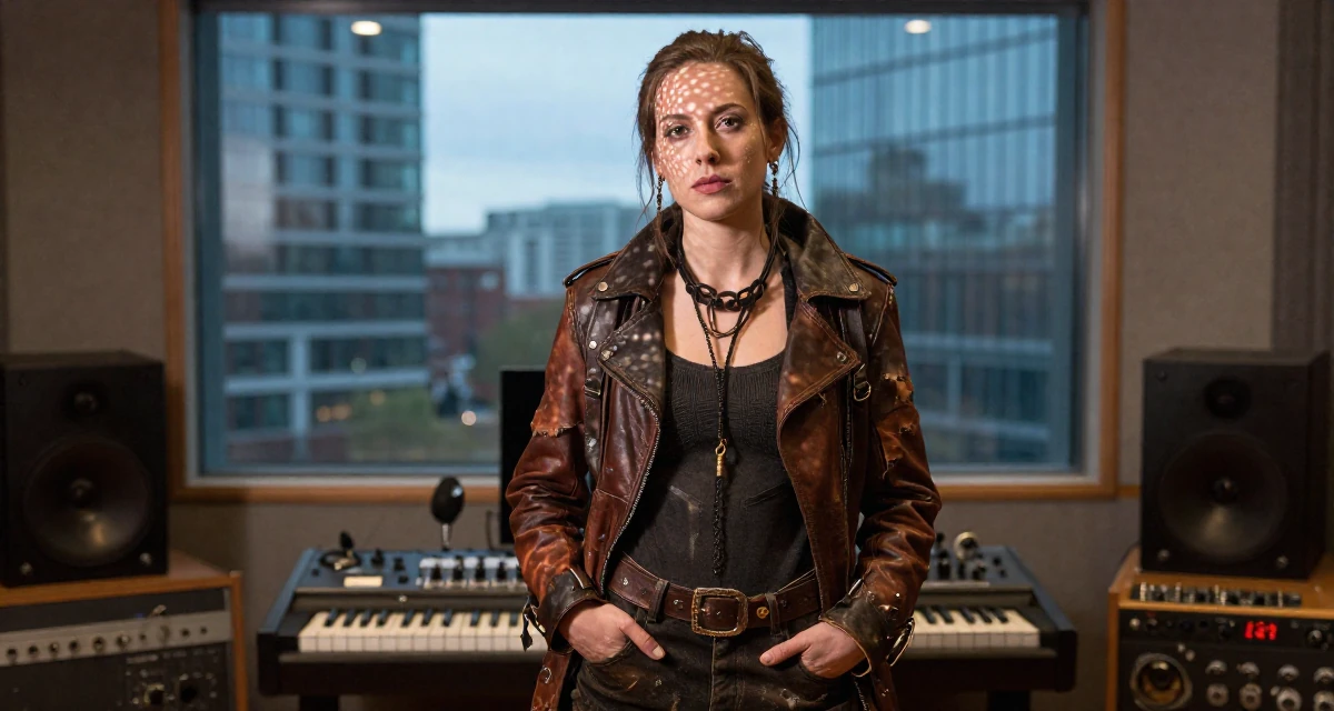 A quietly confident Female From Finland, based in Espoo, graduated from a design institute majoring in atmospheric lighting arts in their 32, sharing easy DIY home improvement projects, wearing a post-apocalyptic scavenger outfit with distressed leather, putting hands in pockets in a music recording studio.