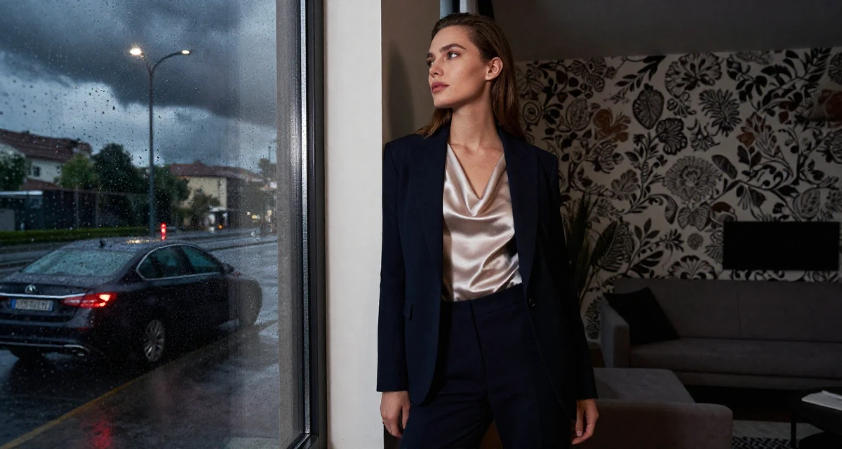A dreamy Female From Milan Italy, trained in fashion-editorial posing in their 20, living entirely for the aesthetic of the moment, wearing a satin cowl neck top under a business suit, taking a photo in a modern apartment living room.