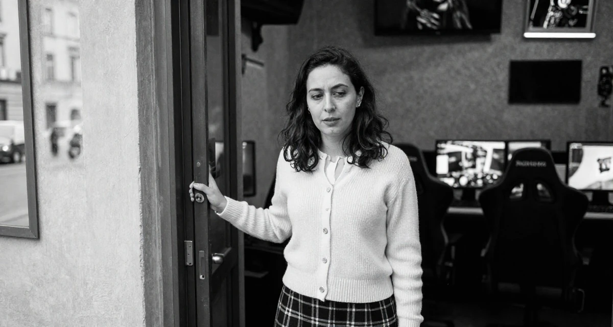 A open and honest Female From Rome Italy, majored in art history in their 37, trying to stabilize income, wearing a classic librarian style cardigan and a plaid skirt, pushing a door open in a gaming room.