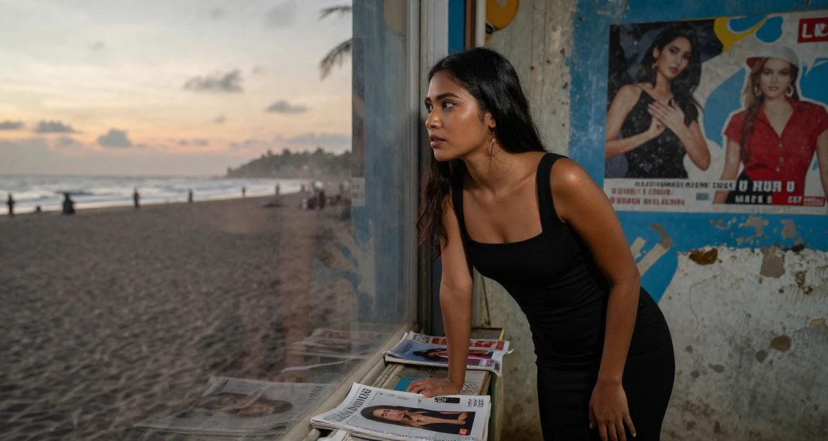 A dignified Female From the Philippines, majored in creative writing in their 22, hit hard by the reality of entry-level wages, wearing a fitted black dress with a square neckline, looking at a reflection in a window in a sunset beach.