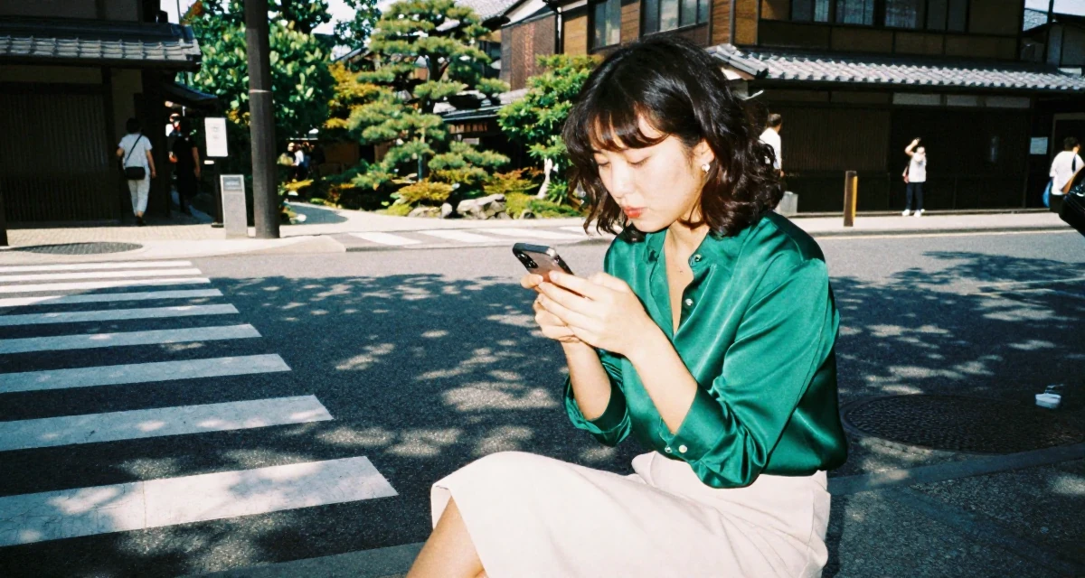 A compassionate Female Previously a bartender, now expressing nightlife energy through content in their 20, experiencing the first taste of freedom away from home, wearing a emerald green silk blouse and a cream skirt, texting with both thumbs in a busy intersection.