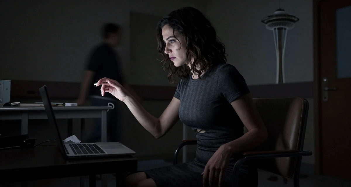 A judgemental Female Once a photography assistant, now starring in her own visual stories in their 30, carrying the weight of years of hustling online, wearing a fitted midi dress with a cutout at the waist, picking something up in a abandoned hospital.