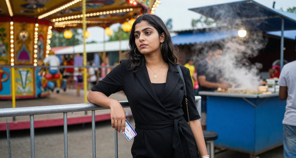 A calm and confident Female From Sri Lanka, based in Kandy, graduated from a regional institute majoring in advertising in their 32, recovering from burnout and prioritizing rest, wearing a black jumpsuit with a blazer style top, holding a subway card in a carnival with rides.