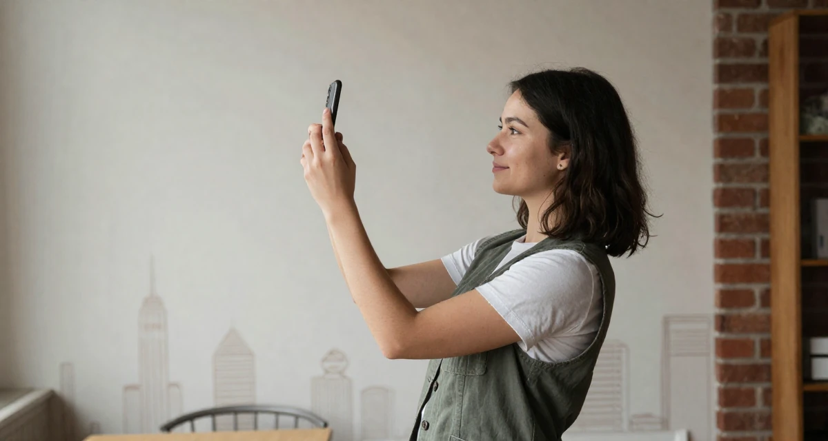 A peaceful Female Former bakery assistant, now crafting sweet, soft-aesthetic creator vibes in their 23, building consistency in personal projects, wearing a casual vest and t-shirt layer, snapping a photo with a phone in a loft apartment with brick walls.