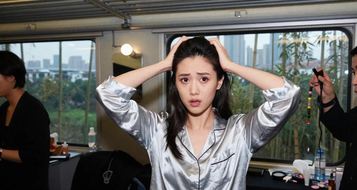 A subtly surprised Female Once a makeup counter employee, now teaching glam techniques to fans in their 23, seeking career clarity through trial and error, wearing a satin pajamas set with the top unbuttoned, scratching the head in confusion in a train carriage.