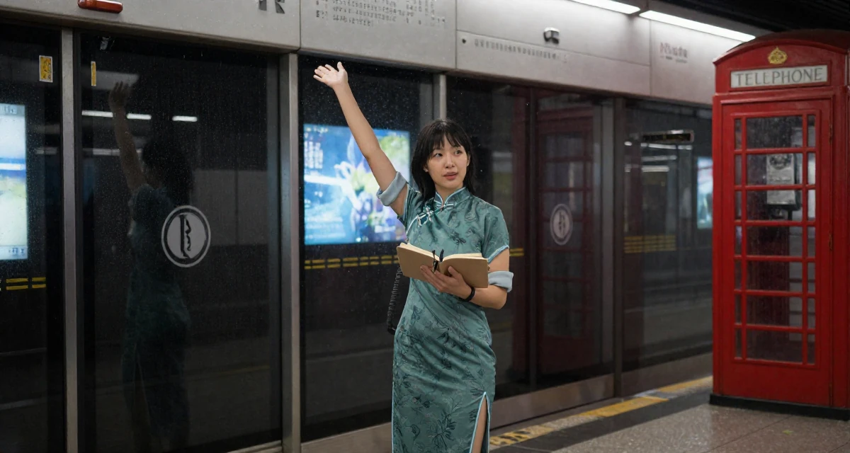 A carefree Female From Sydney Australia, holds a degree in environmental science in their 20, creating content for a growing online audience, wearing a Chinese qipao (cheongsam) modified with a high slit, rolling up sleeves in a subway station.