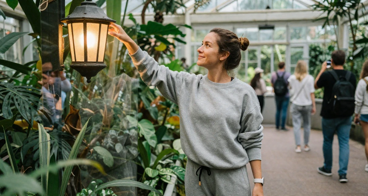 A sweet Female From Bali Indonesia, practiced mindful movement and self-portrait art in their 27, investing in equipment instead of vacations, wearing a relaxed jogger and sweatshirt combo, taking a photo in a botanical greenhouse.