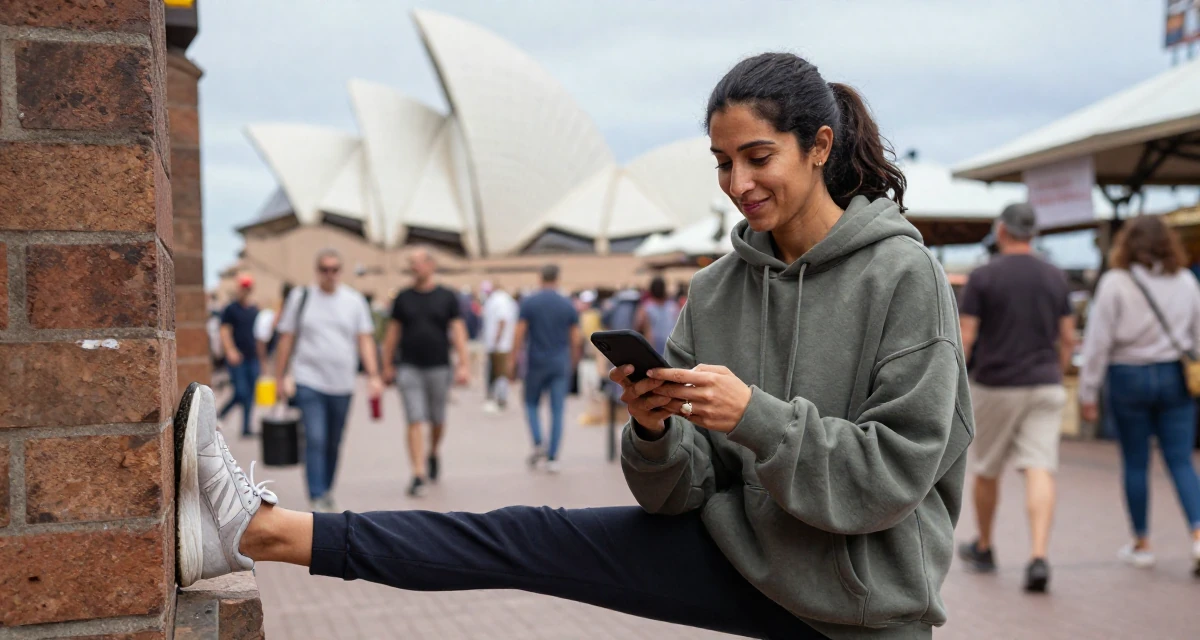 A hopeful Female From Sri Lanka, studied digital commerce in their 30, weighing long-term health against constant digital hustle, wearing a trendy oversized hoodie, playing with a ring in a bustling market.