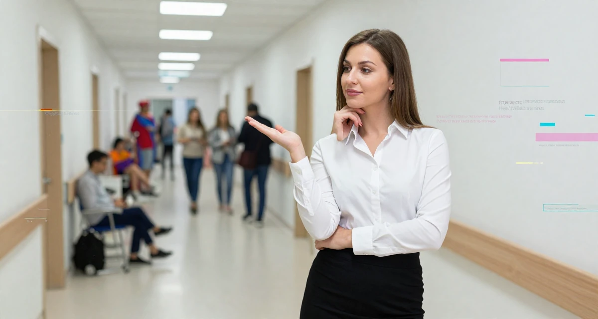A serene and peaceful Female From Russia, studied psychology at a community college in their 32, newly married and adjusting to shared finances, wearing a fitted white button-down shirt and a black pencil skirt, gesturing while talking in a hospital corridor.