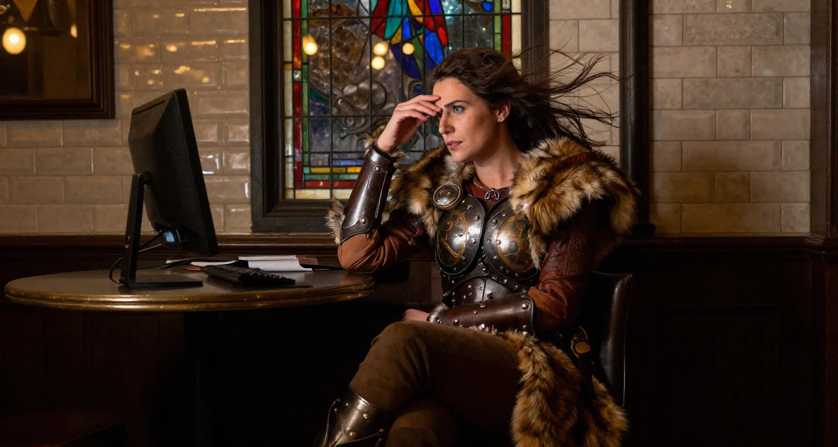 A deeply thinking Female From Romania, studied computer science in their 42, expert consultant sharing industry secrets, wearing a viking shield-maiden outfit with fur and leather, shielding face from the wind in a dimly lit jazz bar.