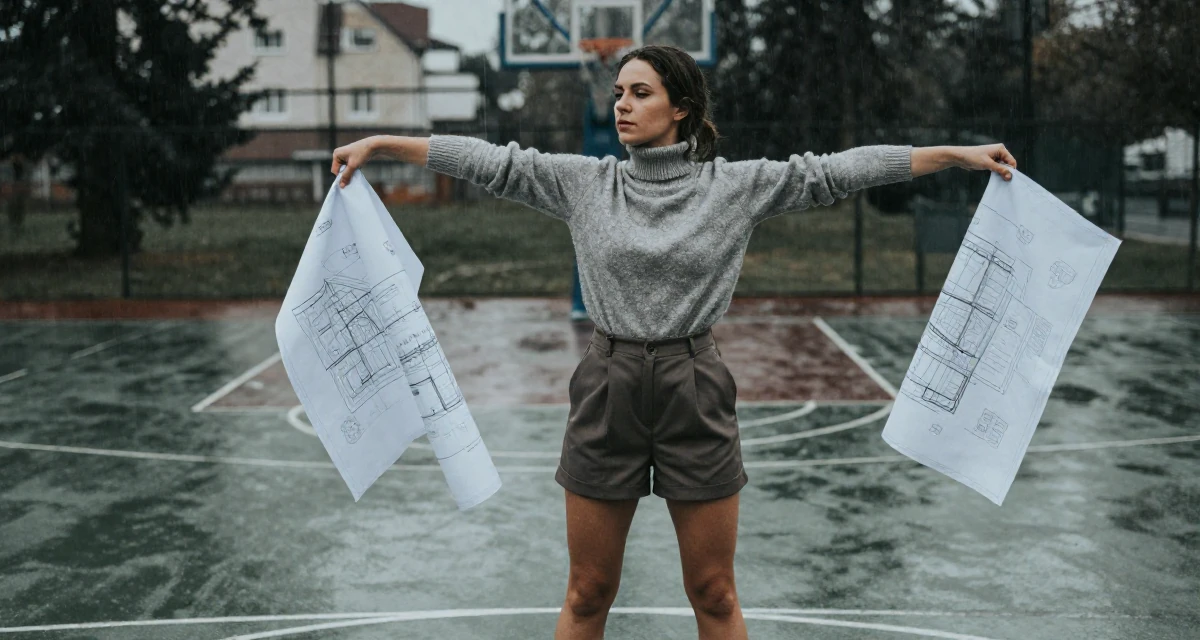 A grounded Female From Hungary, majored in economics in their 28, saving aggressively for first home, wearing a turtleneck sweater tucked into high-waisted shorts, stretching arms after waking in a basketball court.