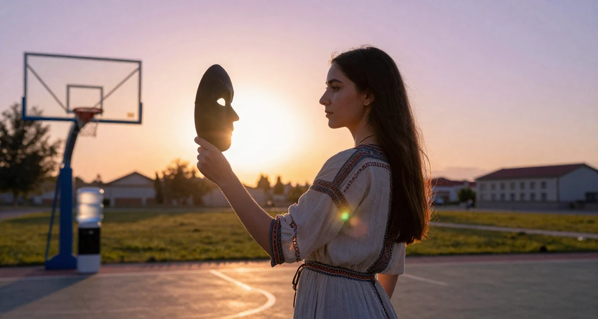 A focused Female From Tajikistan, studied civil engineering in their 24, forming long-term goals for the first time, wearing a relaxed bohemian style dress, holding a mask (cosplay/prop) in a basketball court.