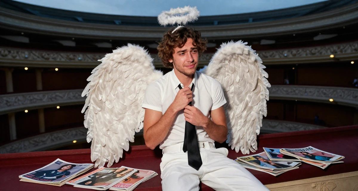 A amused male From USA, dropped out of art school to pursue modeling in their 20, heartbroken over a summer romance, wearing a angel costume with large feathered wings and a halo, playing with a tie in a opera house balcony.