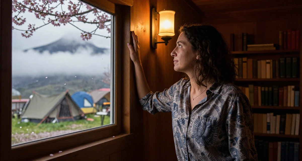 A solemn but kind Female From Portugal, studied marine sciences in their 49, celebrating a life of resilience and grit, wearing a relaxed fit patterned shirt, looking out the window in a camping site.