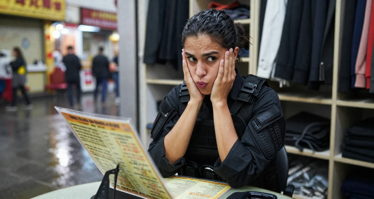 A coy Female From Alexandria Egypt, majored in applied arts in their 23, experimenting with playful facial expressions, wearing a special forces tactical suit in matte black, looking at a menu in a walk-in closet.