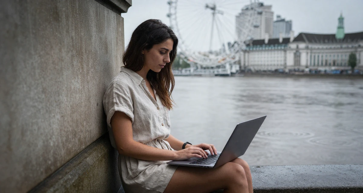 A placid Female From Lebanon, majored in digital journalism in their 25, embracing solitude and self-discovery, wearing a short romper made of soft linen fabric, typing on a laptop in a university campus.