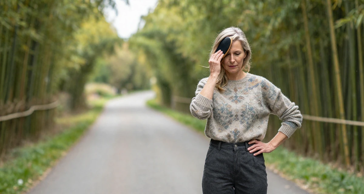 A charming Female From Aarhus Denmark, trained in fitness coaching and body alignment in their 22, seeking mentorship from older colleagues, wearing a vintage sweater and high-waist pants, brushing hair away from the face in a country road.