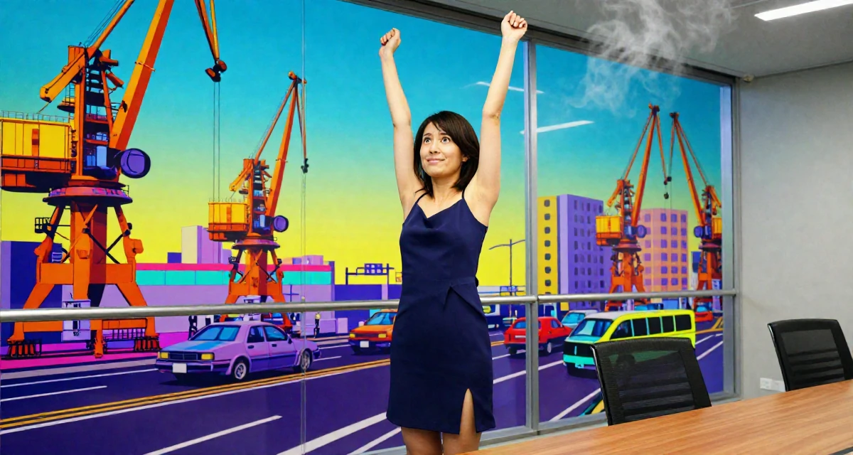 A sweet Female From Japan, studied nutrition and food science in their 20, eyes wide with wonder and confusion, wearing a short slip dress with a thigh-high slit, watching traffic pass by in a glass-walled conference room.