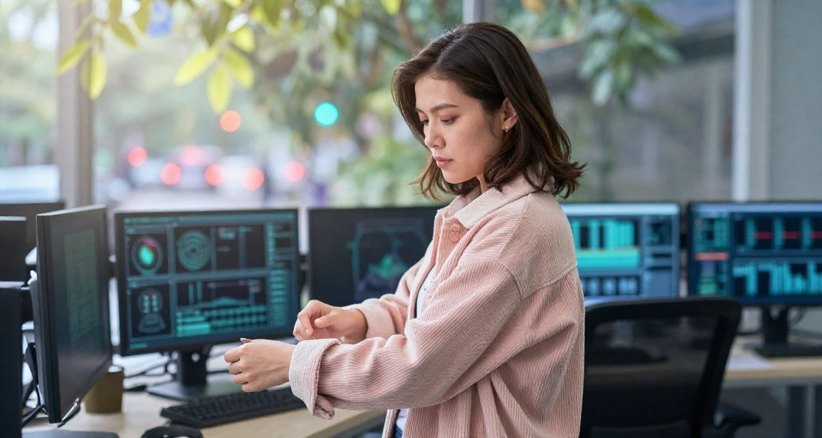 A solemn but kind Female From Penang Malaysia, studied UI/UX design in their 42, interior designer with a classic aesthetic, wearing a soft texture corduroy jacket, adjusting sleeves in a cybernetic computer lab.