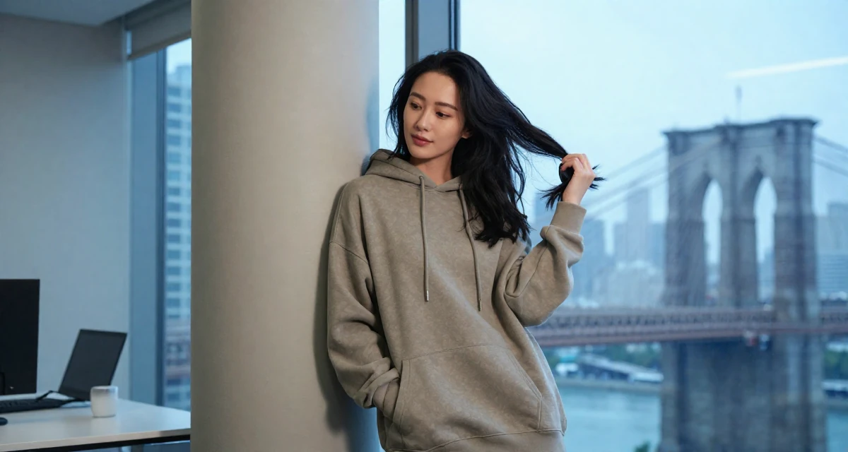 A gentle and kind Female From Hangzhou China, studied online commerce and lifestyle branding in their 25, managing fluctuating confidence, wearing a oversized hoodie worn as a dress, brushing hair back in a high-rise office building.