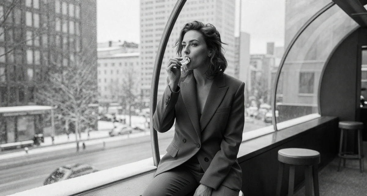 A seductive Female From Helsinki Finland, practiced emotional expression through self-portrait art in their 23, enjoying the first taste of disposable income, wearing a sleek modern tailored look, taking a deep breath in a aquarium tunnel.
