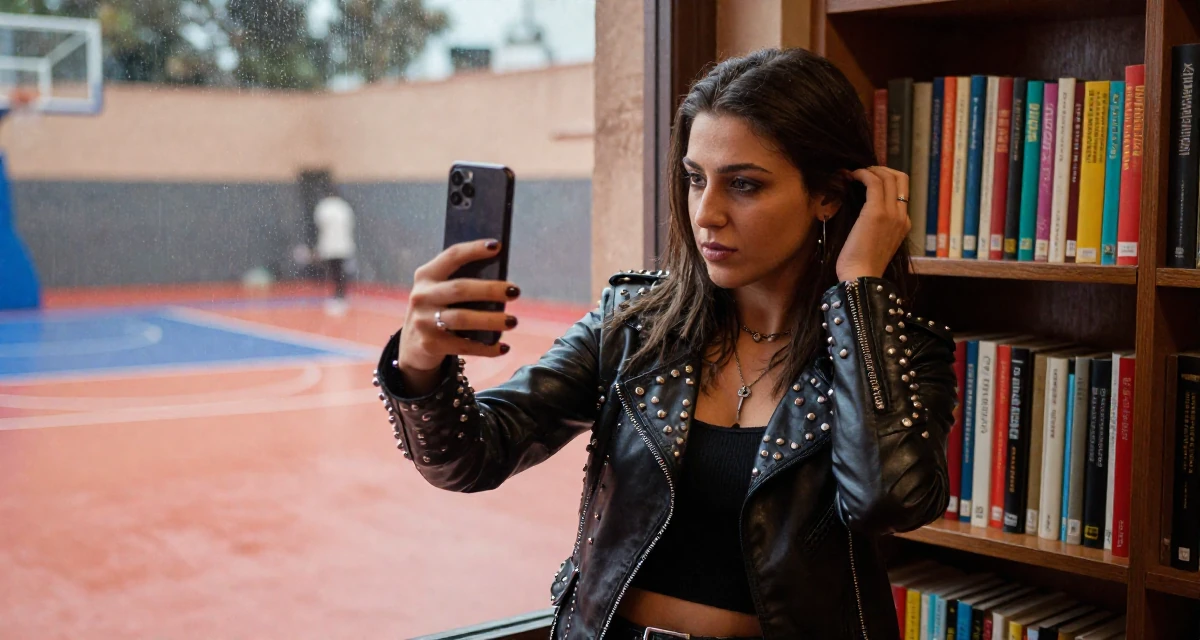 A quietly confident Female From Morocco, majored in web development in their 25, feeling established in their chosen field, wearing a heavy metal rocker outfit with studs and leather, snapping a photo with a phone in a basketball court.