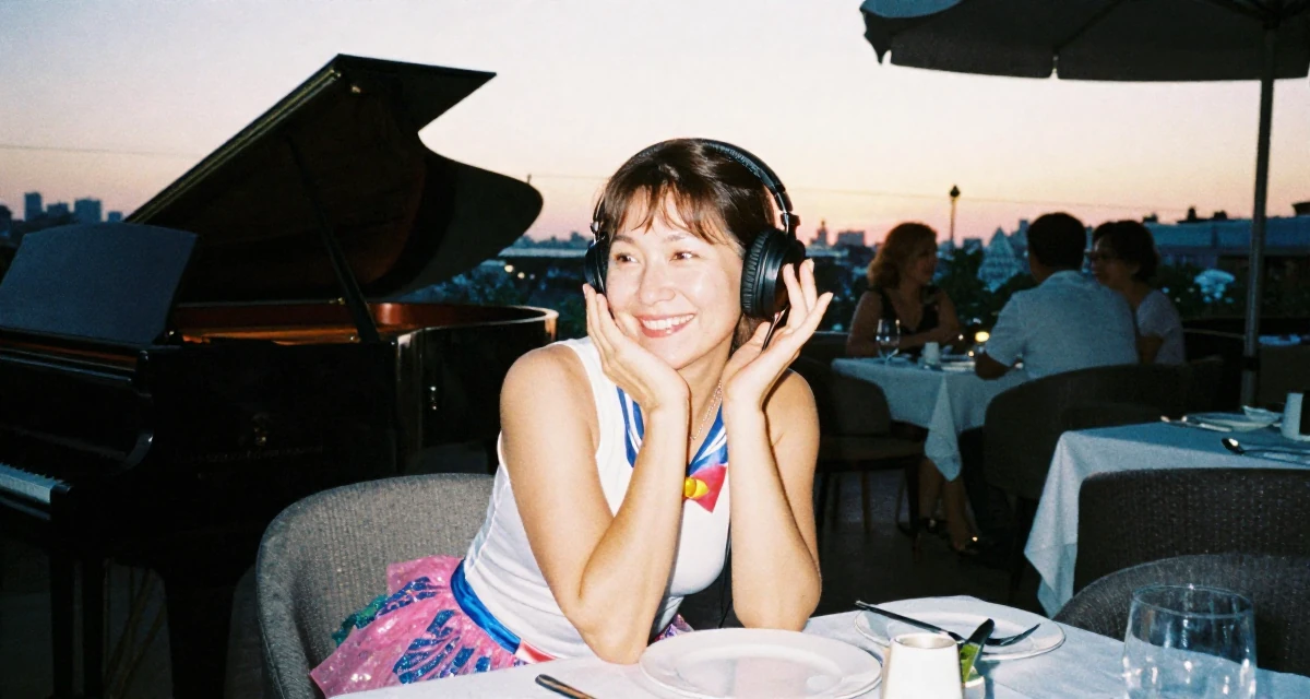 A cheerful Female From Russia, has a background in piano performance in their 40, navigating the balance of career and aging parents, wearing a magical girl anime costume with a sparkly short skirt, listening to music with headphones in a high-end restaurant.