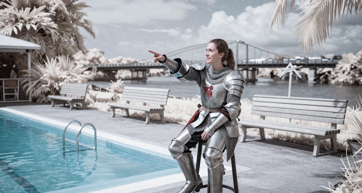 A lighthearted Female Former accountant in her 30s, now creating fitness-driven fan content in their 33, feeling a deep sense of gratitude and grounding, wearing a female knight armor with a tabard and chainmail, pointing at something nearby in a swimming pool deck.