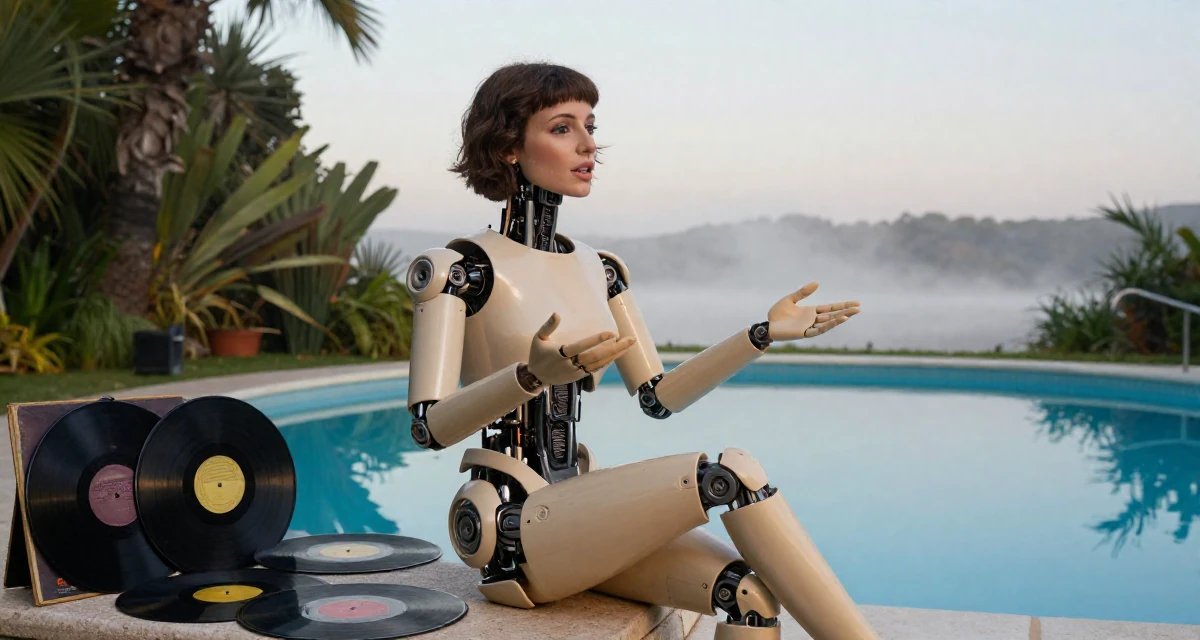 A resilient Female From Lisbon Portugal, majored in digital communication in their 34, exuding quiet confidence and authority, wearing a cybernetic doll outfit with porcelain-like skin textures, gesturing while talking in a botanical garden.