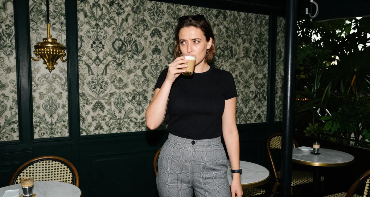 A moody Female From Poland, majored in international relations in their 30, experimenting with bold fashion choices, wearing a grey plaid trousers and a fitted black tee, sipping a latte in a botanical garden.