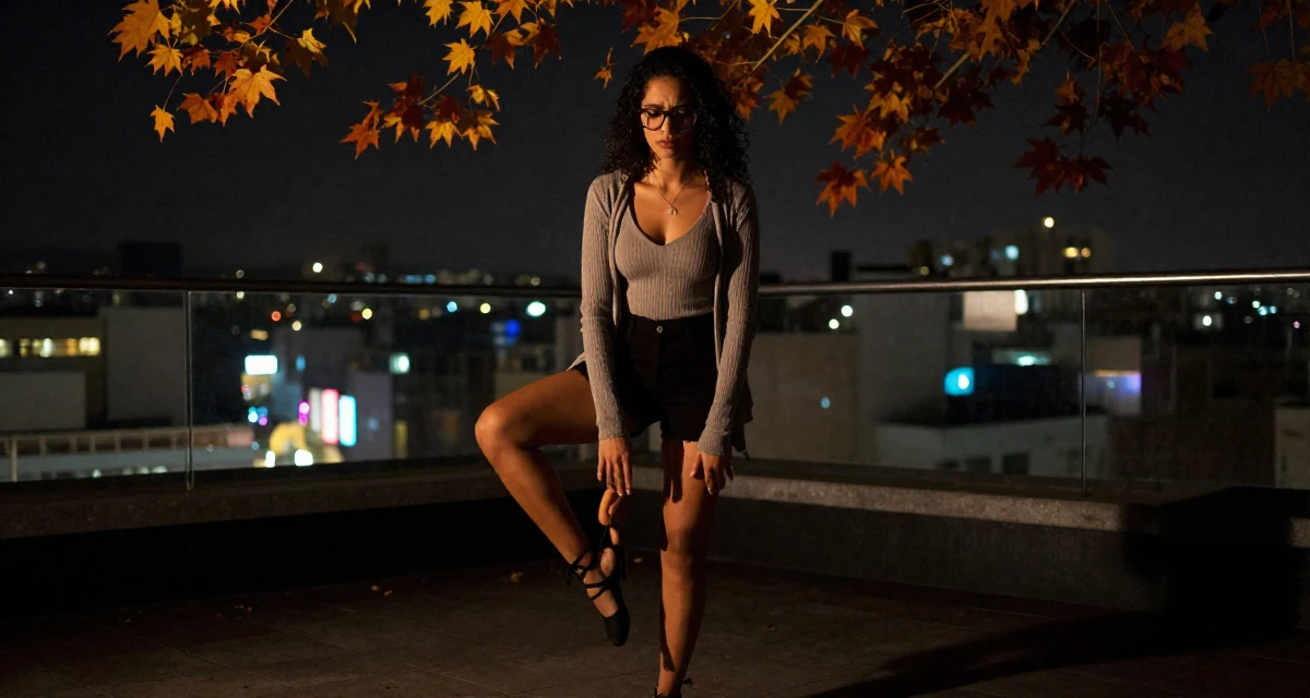 A worried Female From São Paulo Brazil, practiced samba dance and sensual movement in their 31, recently paid off student loans, wearing a librarian outfit with glasses and a tight cardigan, tapping a foot in a rooftop terrace.