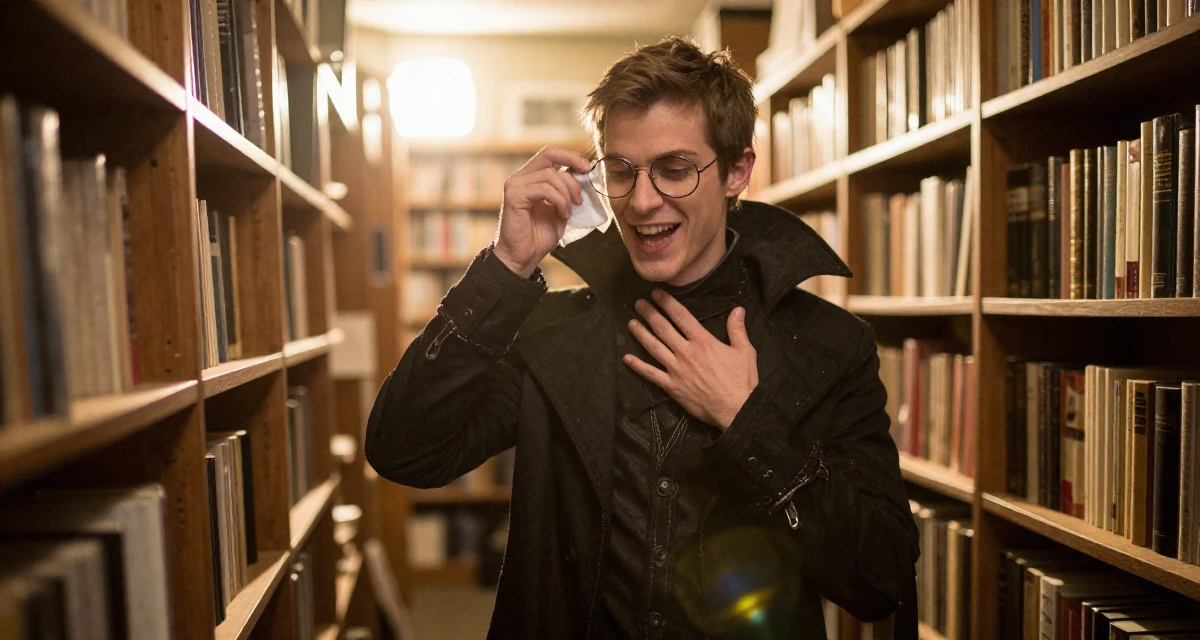 A enthusiastic male Once an art school dropout, now a self-taught creator with signature style in their 22, crafting content at midnight after work shifts, wearing a gothic vampire hunter outfit with a long coat, cleaning glasses with a cloth in a bookstore aisle.