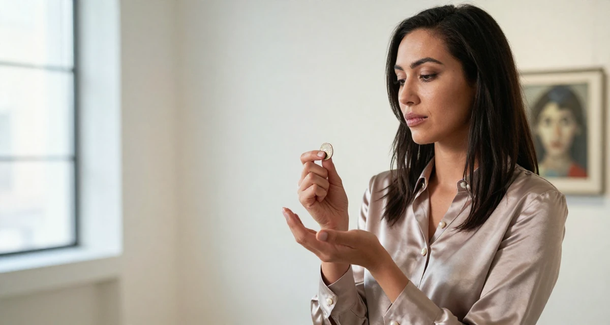 A contemplative Female Previously a music major, now offering exclusive performance clips in their 47, creating a guide for solo female travel, wearing a satin blouse with pearl buttons, flipping a coin in a art gallery.