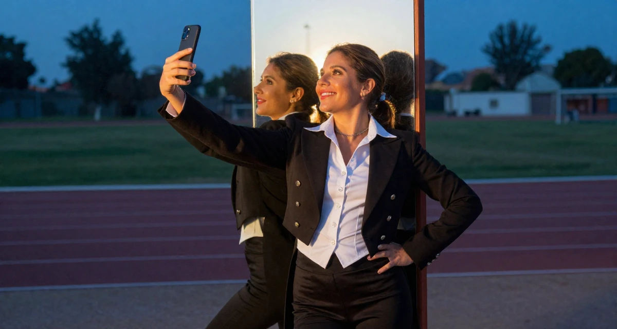 A blissful Female From Mexico City Mexico, learned expressive movement through Latin dance in their 42, sharing the journey of perimenopause health, wearing a circus ringmaster outfit with a tailcoat, posing for a selfie in a running track.