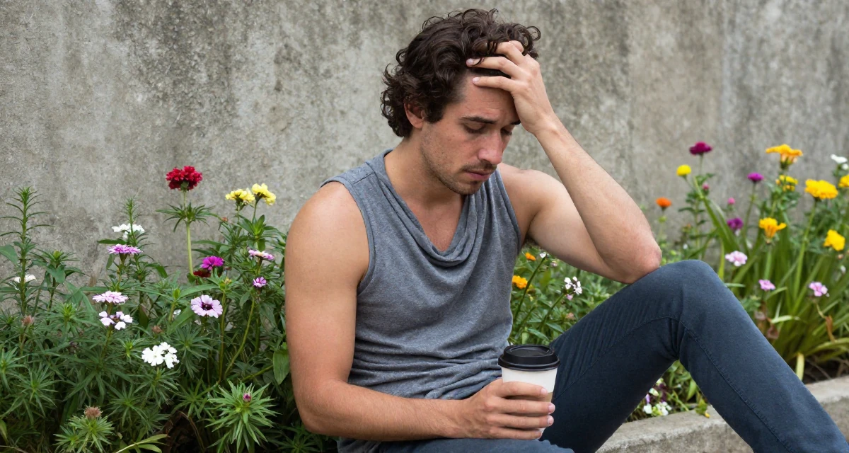 A unbothered male From Colombia, has a background in performing arts in their 20, heartbroken over a summer romance, wearing a draped neckline top and fitted slacks, holding a coffee cup with both hands in a blooming flower garden.