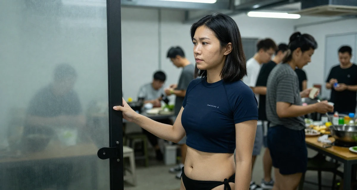 A mellow Female From Hangzhou China, studied online commerce and lifestyle branding in their 47, sharing the joy of slow food and cooking, wearing a cropped rash guard and bikini bottom, pulling a door open in a basement studio.