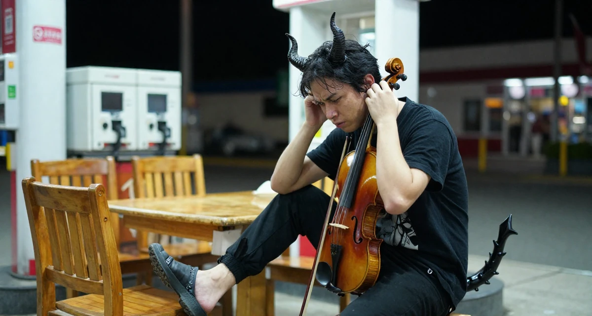 A contemplative male Once a violin student, now sharing aesthetic performance clips in their 20, feeling a mix of excitement and deep anxiety, wearing a demon girl outfit with horns and a spiked tail, tapping a foot rhythmically in a gas station at night.