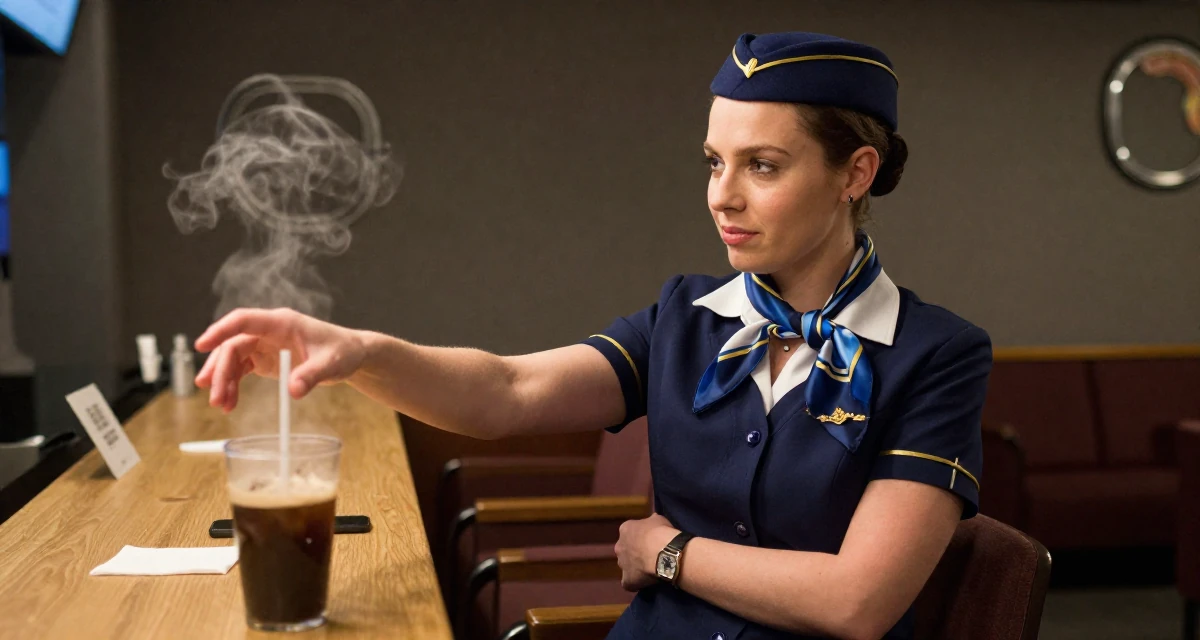 A nostalgic Female From Gothenburg Sweden, studied sustainable development in their 22, maintaining emotional distance while delivering flirty energy, wearing a flight attendant uniform with a silk scarf, crossing arms confidently in a cinema lobby.