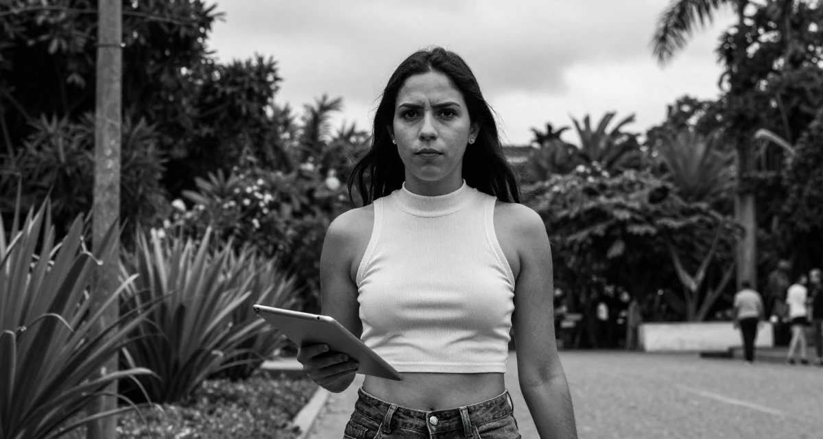 A arrogant Female From Venezuela, majored in public administration in their 23, investing more time in self-marketing, wearing a high-neck sleeveless crop top showing toned arms, holding a tablet in a botanical garden.
