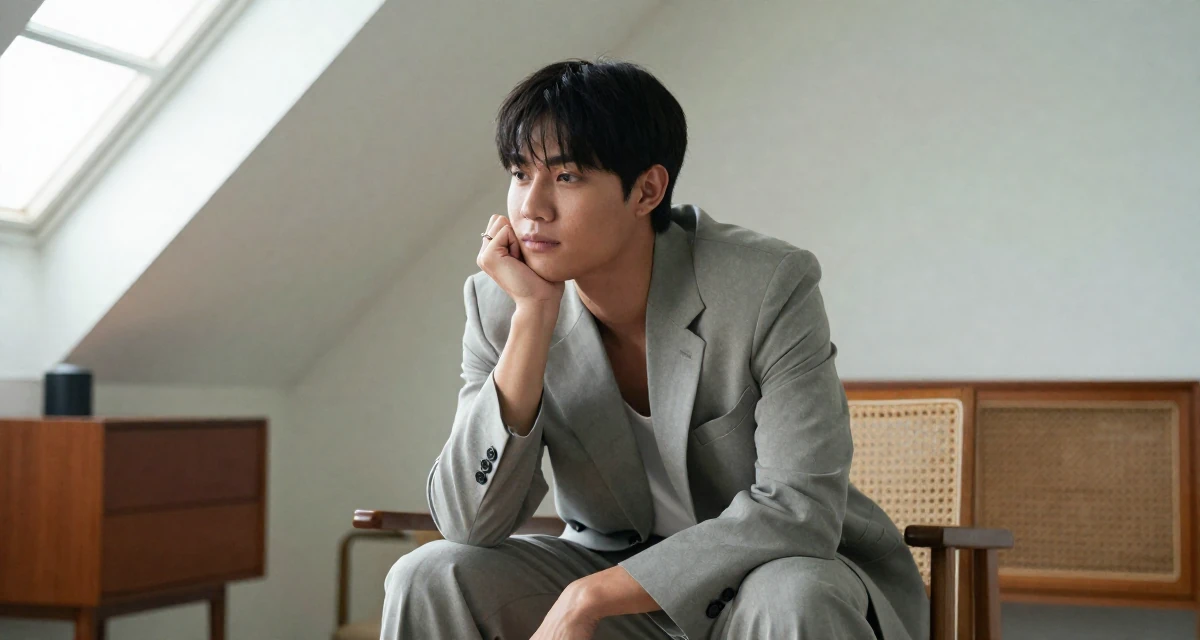 A calm and confident male From Thailand, based in Chiang Mai, graduated from a regional college majoring in content production in their 25, fighting comparison with creators who grew faster, wearing a relaxed fit suit separate, playing with a ring on a finger in a attic room.