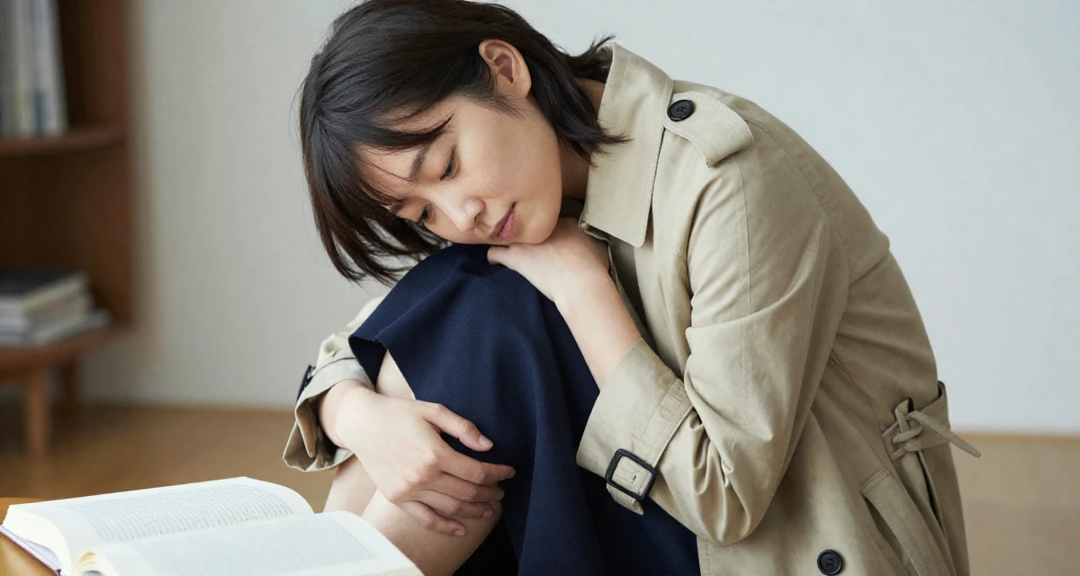 A ethereal Female From Japan, majored in interactive media in their 42, finding peace in a slower intentional lifestyle, wearing a classic trench coat worn over a business dress, adjusting a collar in a home interior.
