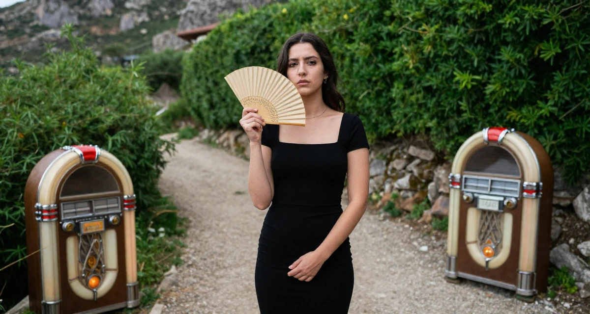 A moody Female From Valencia Spain, holds a degree in tourism management in their 22, preparing for upcoming graduation requirements, wearing a fitted black dress with a square neckline, fanning self with a hand in a mountain trail.