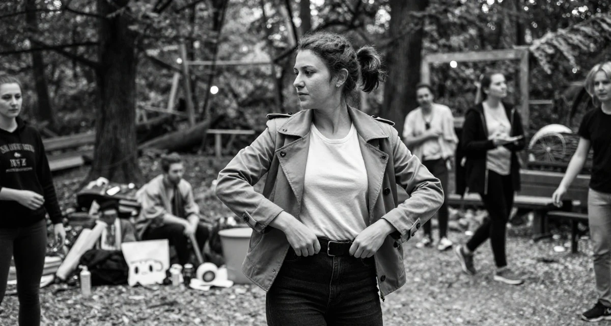 A empowered Female From Hungary, has a background in physical education in their 37, mentoring younger creatives in the industry, wearing a structured jacket with casual tee, adjusting a belt in a magical forest clearing.