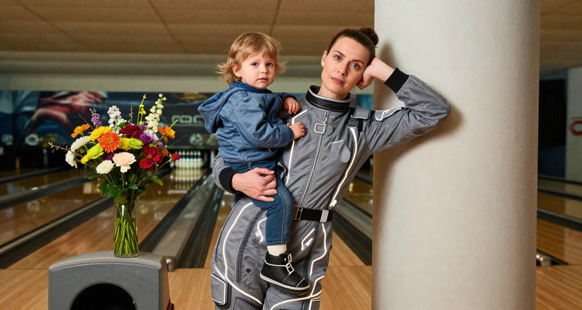 A mellow Female From Germany, based in Düsseldorf, graduated from a design university majoring in atmospheric visual storytelling in their 35, raising a toddler while building a business, wearing a futuristic space pilot plugsuit with glowing lines, leaning head on a hand in a bowling alley.