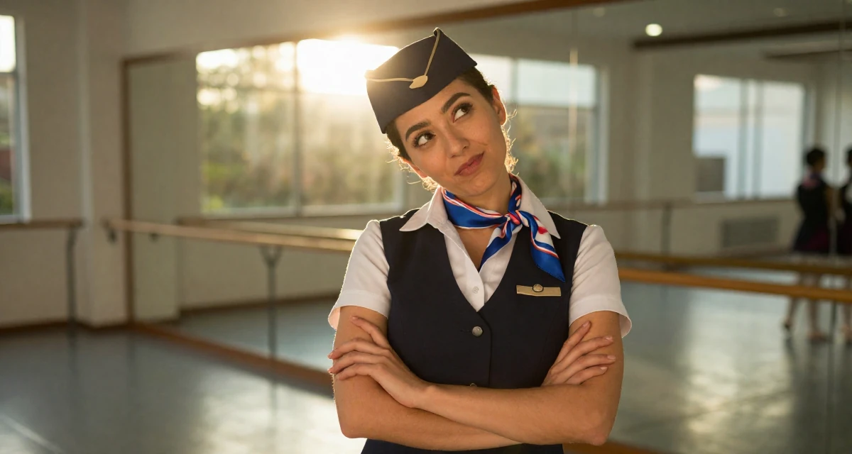 A cheeky Female From Mexico City Mexico, studied graphic communication in their 34, refining personal style to be timeless, wearing a flight attendant uniform with a silk scarf, crossing arms confidently in a ballet studio.
